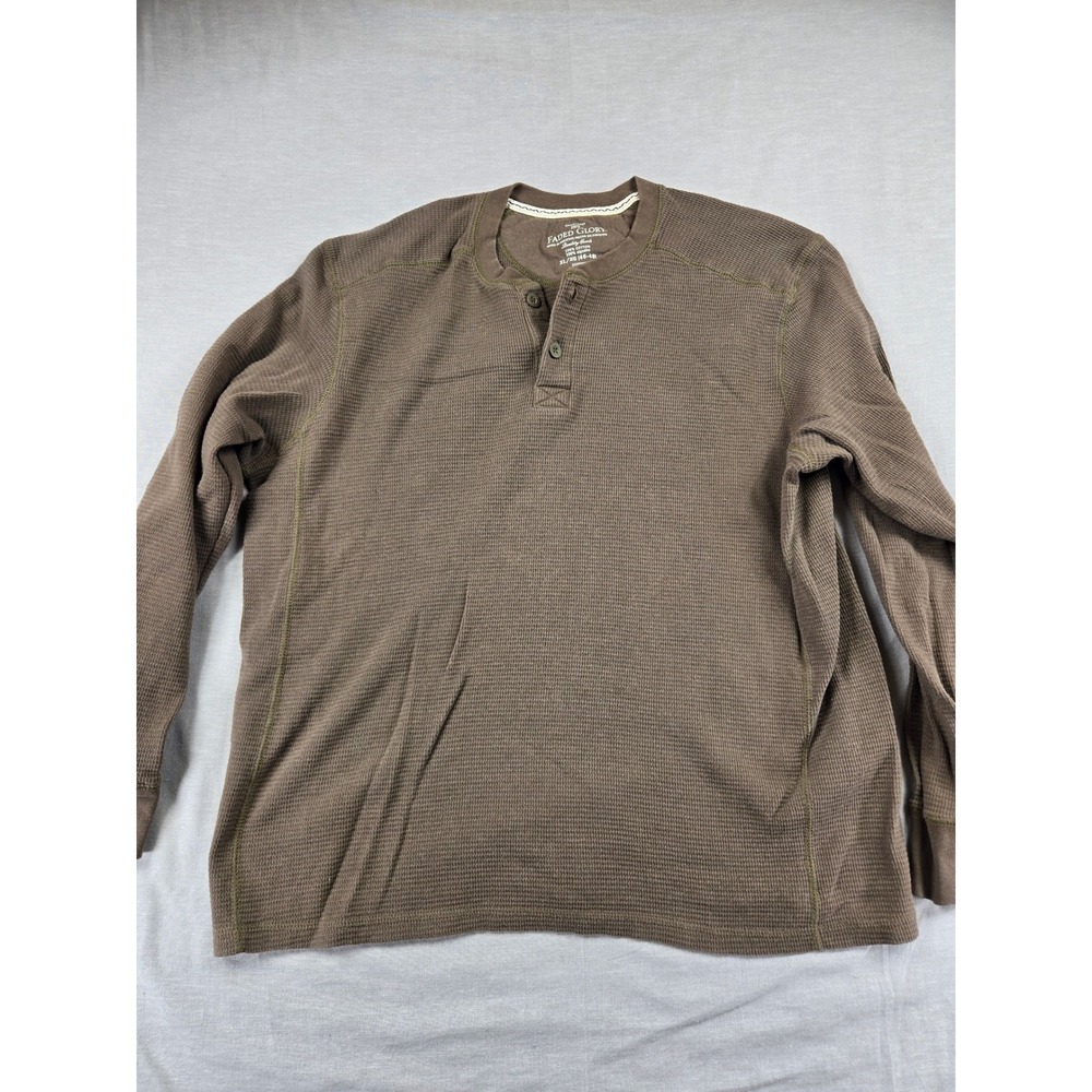 Faded Glory Mens XL Brown Waffle Knit Henley Long Sleeve Thermal Shirt Cotton